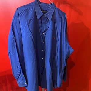 Men’s long sleeve blue and blue button-down dress shirt.